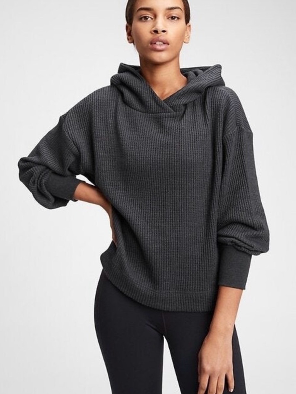 GAP Cozy Charcoal Waffle Pattern Hooded Knit Sweater